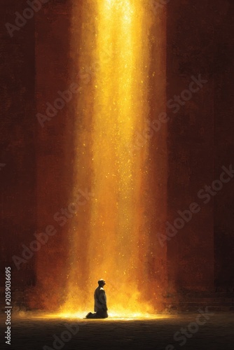 Silhouette of Person Kneeling in Prayer with Golden Light Descending