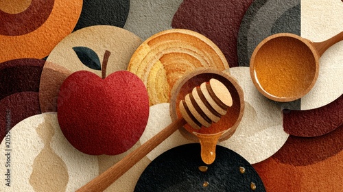 Red Apple and Honey Dipper on Warm Abstract Geometric Background, Flat Lay