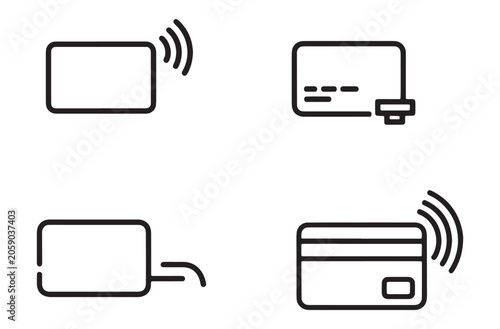Contactless payment icons set showing credit cards with radio wave wireless signal symbols for modern banking transactions and electronic finance technology on transparent background