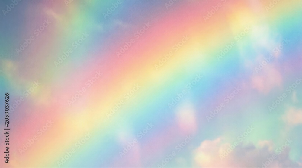 Fototapeta premium Rainbow spanning soft pastel clouds across early sky background