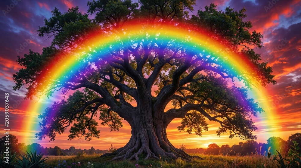 Fototapeta premium Oak tree framed by rainbow arc at dramatic sunset landscape