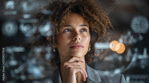 A thoughtful professional woman exploring innovative ideas and strategies for business growth and success.