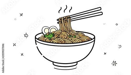 A steaming bowl of noodles with chopsticks and garnishes