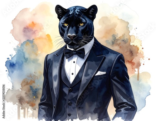 A sophisticated black panther in a tuxedo with a white shirt and bowtie stands confidently against a vibrant watercolor background