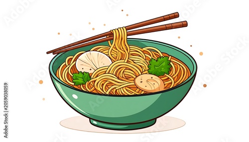 A steaming bowl of noodles with slices of meat and herbs, held by chopsticks