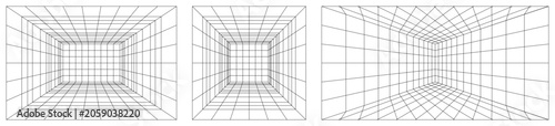 Line grid bg of 3d room floor space. Game abstract pattern in retro digital perspective. Futuristic tech vector texture, black white graphic with virtual wires. Neon tunnel design, geometric 90s shape
