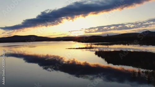 Sunset Reflection Over Calm Mountain Lake