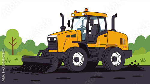 Yellow construction tractor working on road in outdoor setting  