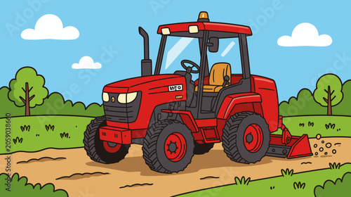 Red tractor driving on dirt road in green countryside landscape  