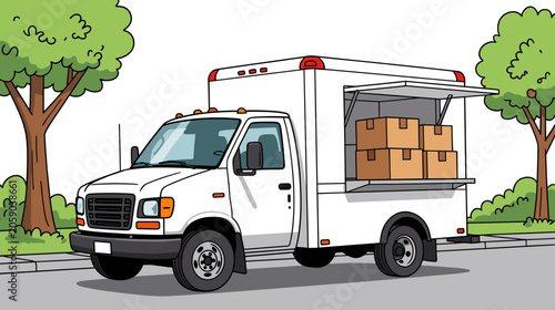 White delivery truck with open side in urban park setting  