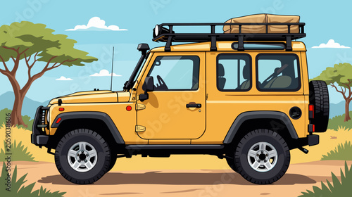 Yellow off-road vehicle parked on dirt road in savanna landscape  