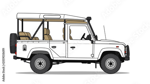 White off-road vehicle with open design and beige interior seats  