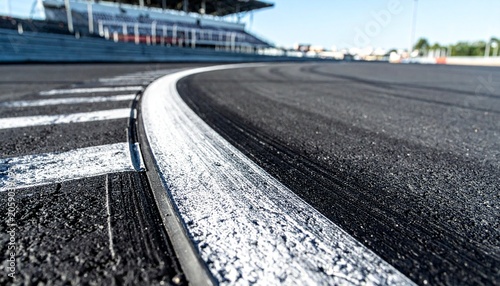 Textured asphalt racing track apex curve layout highlighting rubber skid marks from high performance motorsports