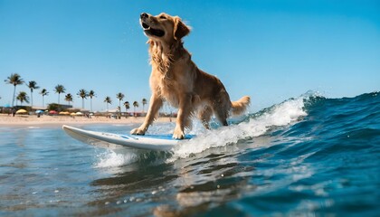 Brown dog surfing on a wave with a surfboard