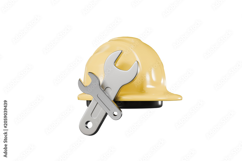 Fototapeta premium 3d hard hat wrench icon. construction maintenance concept. minimal cartoon safety helmet repair tool for engineering marketing. isolated on white transparent background. 3d render.