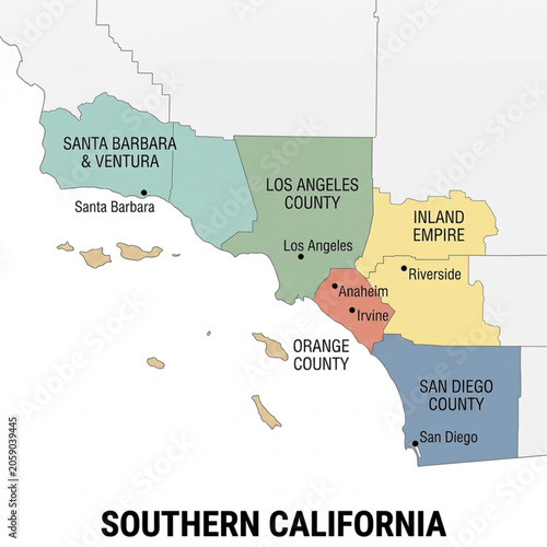 Tableau sur toile Southern California Map — Color Minimal Vector Illustration with City Labels