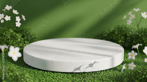 White Podiums Surrounded by Lush Green Grass and Flowers