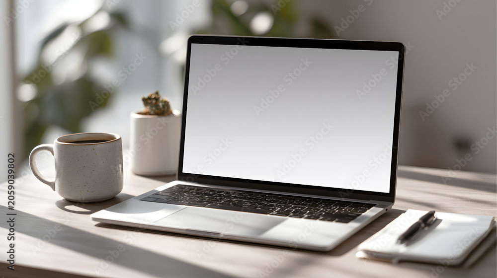 Fototapeta premium Open laptop computer with a blank white screen sits on a wooden desk next to a ceramic coffee mug indoors