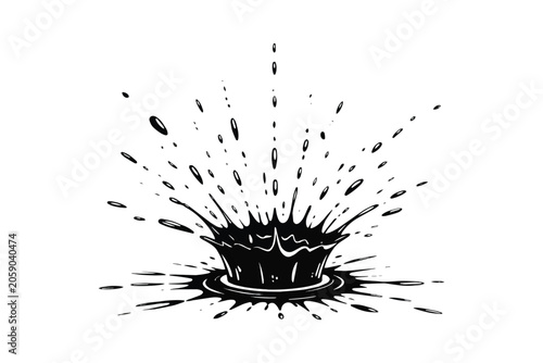 Foto Water or ink drop crown splash with flying droplets comic book style isolated ve