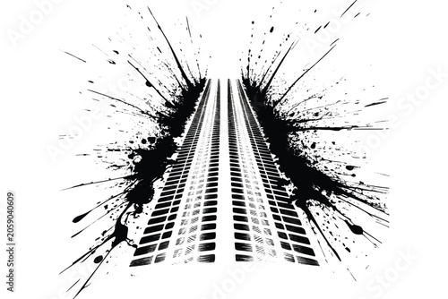 Car tire tracks perspective view with heavy black ink splatters and horizontal grunge speed blots vector illustration