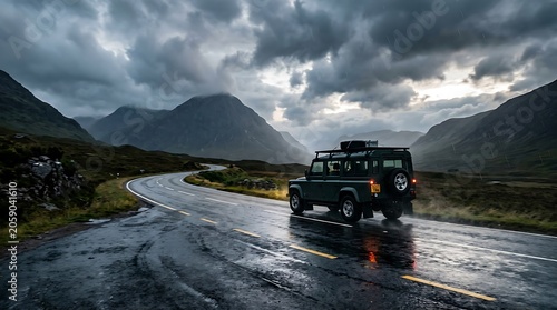 A land rover defender driving on a wet road through the scottish highlands