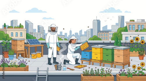 Fotografie Beekeepers tend apiary on urban rooftop garden with cityscape background