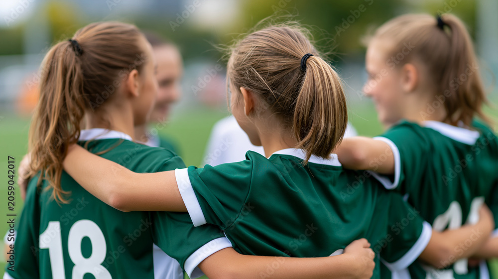 Fototapeta premium Faceless young girl soccer players celebrating together with a piggyback ride on the field after winning a game, joyful teamwork energy, defocused green field in background, girls