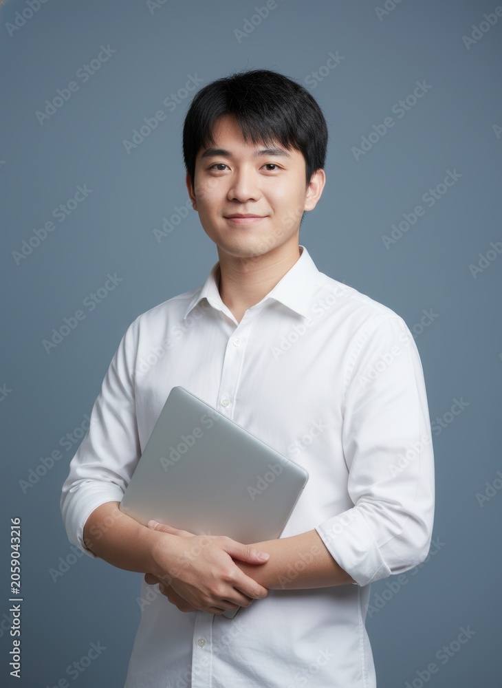Obraz premium Asian man holding award trophy smiling in formal white shirt