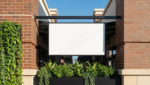 Blank Signage on Modern Building Facade with Lush Greenery
