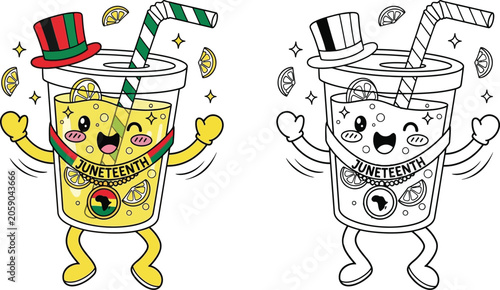 Fotografie Cheerful Kawaii Juneteenth Lemonade Drink with Top Hat and Straw