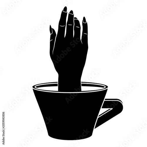Human female hand with long nails emerging from a cup of tea or coffee. Funny creative beverage design. Black and white silhouette.