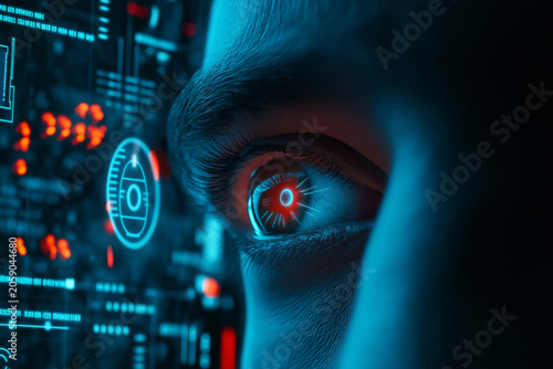 Close-up of a human eye reflecting digital data and holographic interface elements.