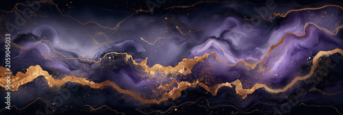 Elegant abstract artwork featuring flowing gold lines on a deep purple background.
