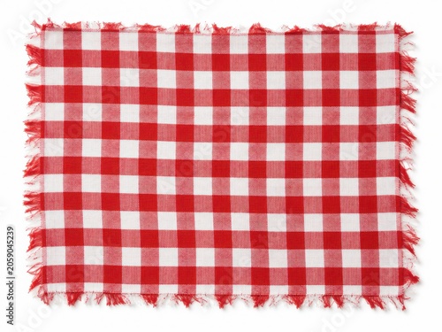 Red and white checkered picnic blanket with frayed edges on a white background, top view.