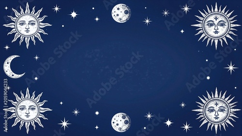 Illustrated suns and moons with faces surrounded by stars on a deep blue background.