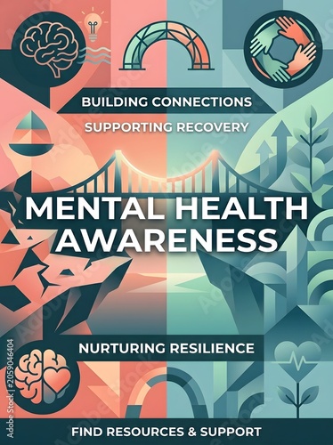 Mental health awareness poster with brain illustration and supportive hands colorful design