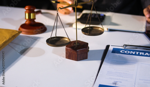 Quadro em tela Consultation and conference of professional businesswoman and Male lawyers working and discussion having at law firm in office