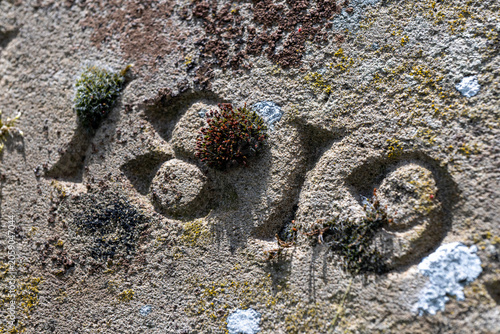 The date 1819 carved into a weathered lichen-covered gravestone in St Nicholas Church, Ashchurch, Gloucestershire