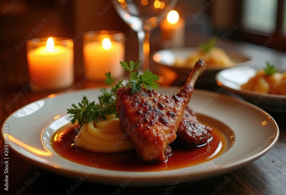 Naklejka premium Crispy Duck Confit Glazed Skin Candlelit Bistro Ambiance Enveloped in Warm Glow