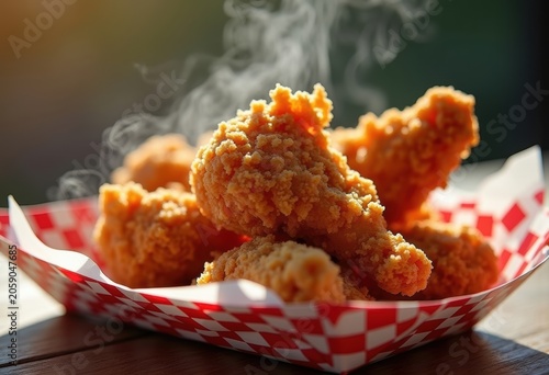 Crispy Fried Chicken Golden Coating on Checkered Paper Tray Appealing Gourmet Rustic Touch