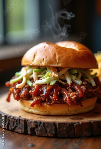Succulent Pulled Pork Sandwich Coleslaw Wooden Tray Rustic Presentation Hearty Comfort Food