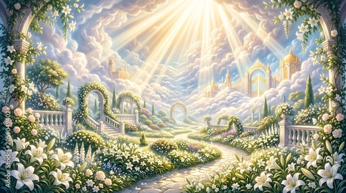 Heavenly garden with bright divine light for the feast of assumption