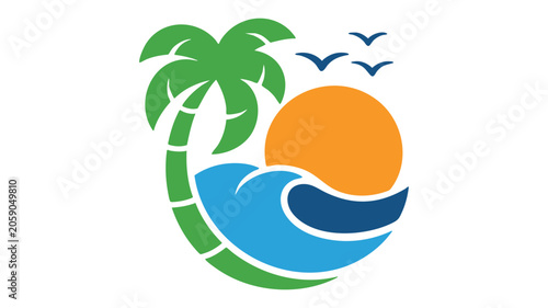 Palm Tree with Ocean Waves and Orange Sun Icon, Bright Flat Style Vector Graphic for Travel and Beach Branding