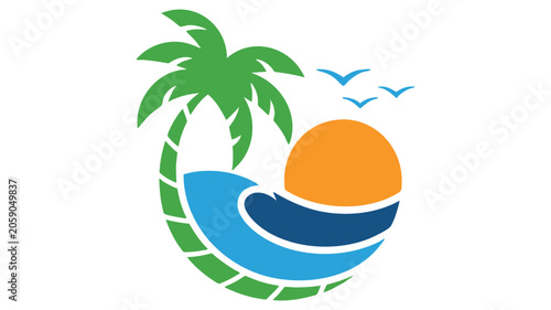 Palm Tree with Sun and Waves Logo Design Featuring Tropical, Beach, Vacation with Summer and Nature Elements for Travel, Holiday Projects, Clean