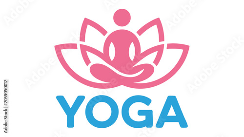 Yoga Logo Featuring a Stylized Lotus Flower and Text in Blue Featuring Meditation, Wellness, Relaxation with Fitness and Health Elements