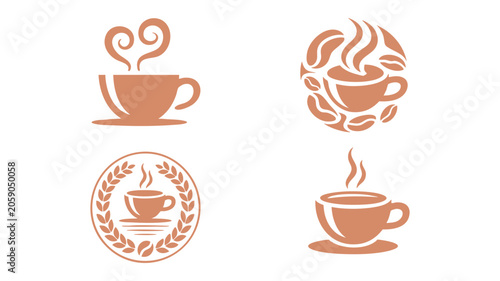 Coffee Cup Icon with Steam, Bean Swirl, and Laurel Badge Design for Cafe Branding and Menu Graphics Featuring Hot Beverage, Espresso, Latte
