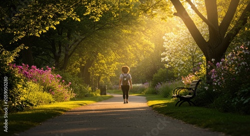 A woman runs along a serene park path surrounded by vibrant flowers and lush greenery on a sunny day.