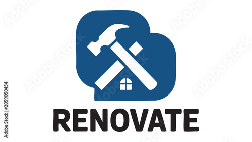 Renovate Logo with Hammer and House Icon in Blue and White Featuring Renovation, Construction, Home Improvement with Tool and Building Elements
