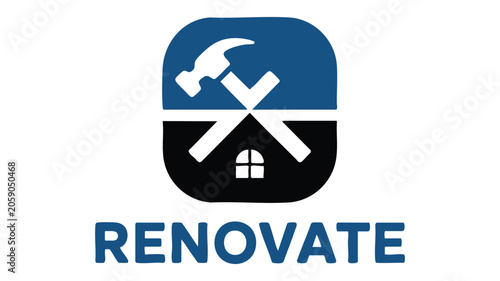 Icon of a Railroad Crossing Gate and Tools Above the Word Renovate Featuring Logo, Symbol, Sign with Wordmark and Renovation Elements