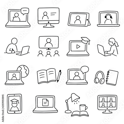Online Learning Doodle Icon Collection. Hand drawn sketches symbolize remote education and digital communication concepts reflecting connectivity, modern study tools, and virtual growth.